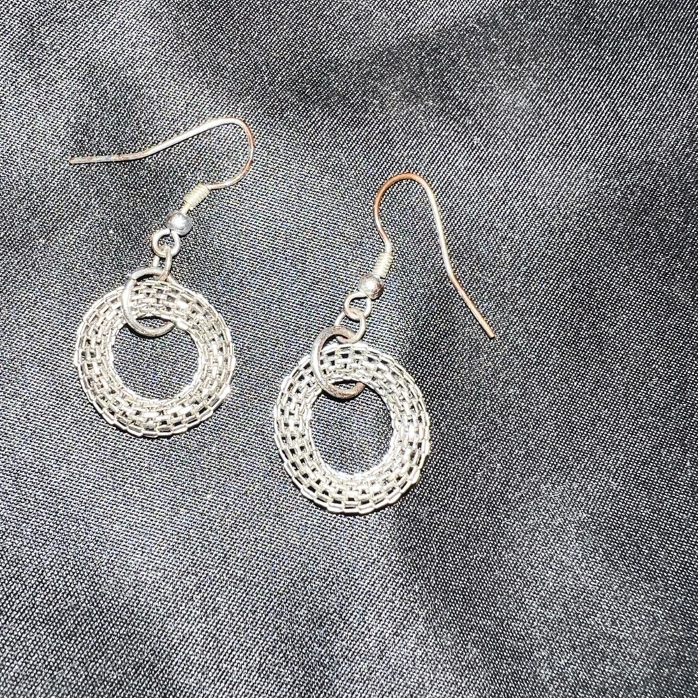 Woven silver hoop drop earrings - Picture 3 of 4